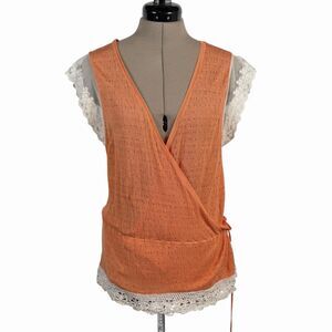 Banana Republic Linen Blend Wrap Knit Top XL Orange Ivory Lace Pointelle Boho